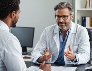Médico urologista explicando para seu paciente, indivíduo por volta dos 35 anos, sobre a disfunção sexual e quais os principais problemas dos homens.