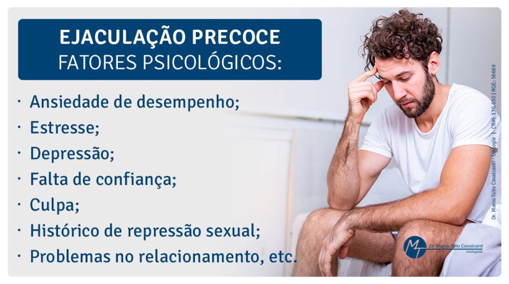 Premature ejaculation can also be the result of psychological factors, such as: Performance anxiety; Stress; Depression; Lack of confidence; Fault; History of sexual repression; Relationship problems, etc.