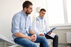 Médico urologista explicando para seu paciente, um homem por volta dos 40 anos, sobre o procedimento com prótese peniana.