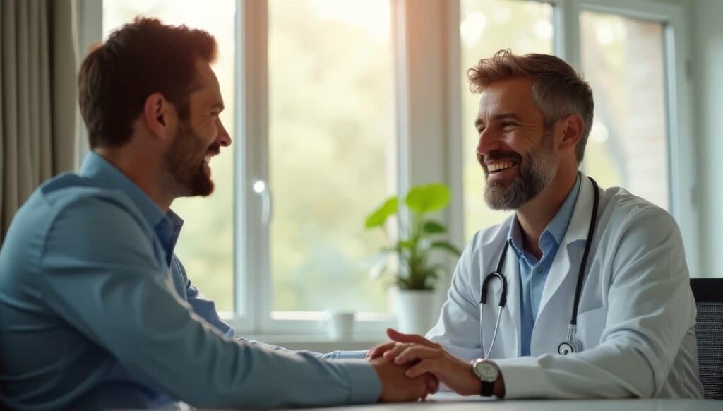 A imagem retrata um momento caloroso e acolhedor entre um médico e seu paciente em um ambiente clínico. A foto captura um momento importante de consulta médica, onde temas delicados como a "prótese peniana quando usar" podem ser abordados.