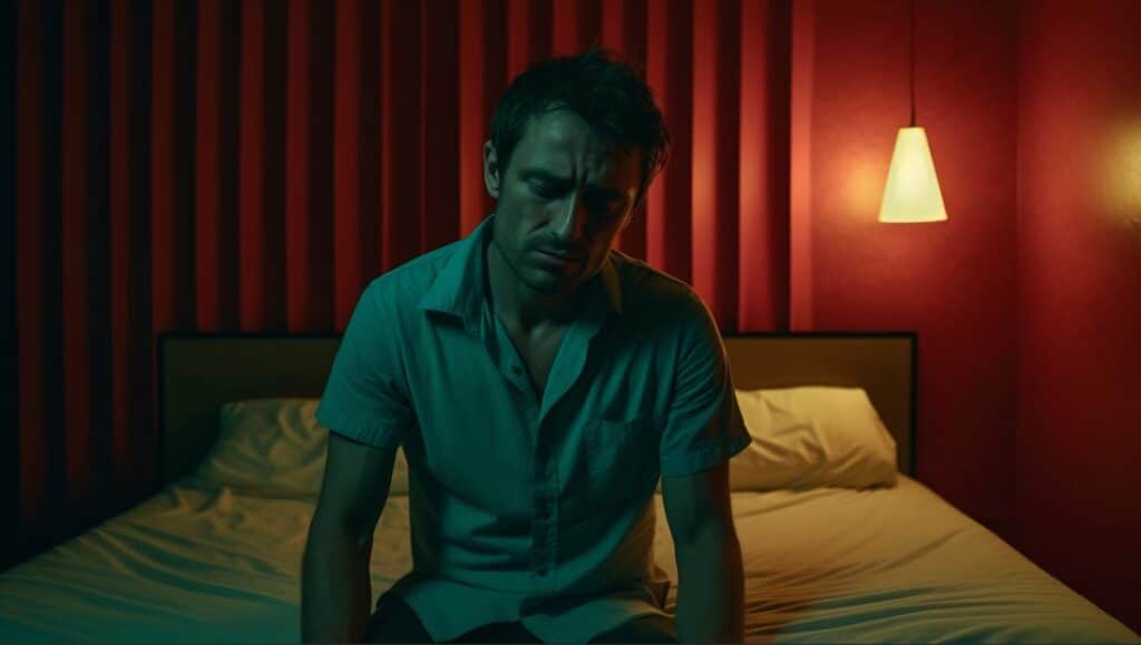 Sintomas de testosterona baixa: descubra os mais comuns Homem jovem sentado na beira de uma cama em um quarto com paredes vermelhas e uma iluminação suave. Ele tem uma expressão visivelmente abatida e cansada, o que transmite uma sensação de tristeza ou preocupação. Este cenário pode ilustrar sintomas de baixa testosterona, que incluem fadiga, alterações de humor e diminuição do desejo sexual, elementos que impactam significativamente o bem-estar emocional e físico de um indivíduo.